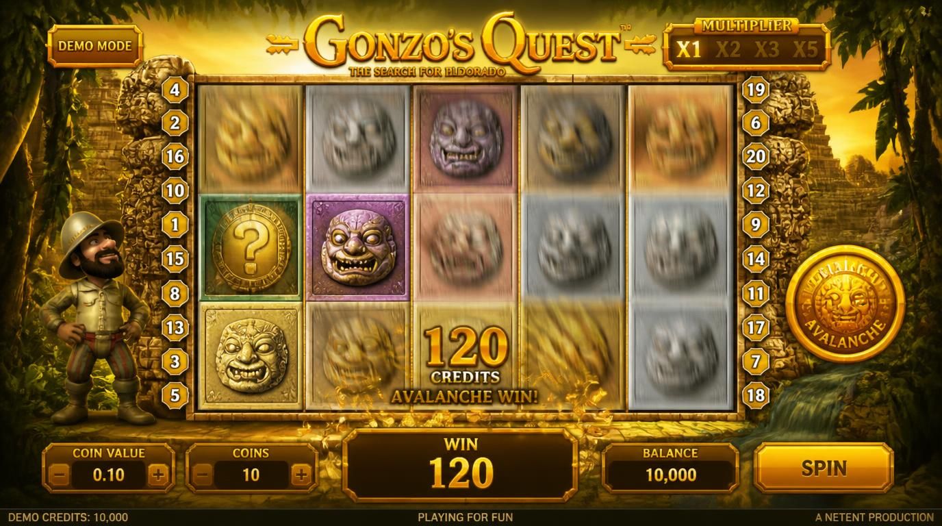 A browser interface of Gonzo’s Quest demo mode with avalanches and virtual credits