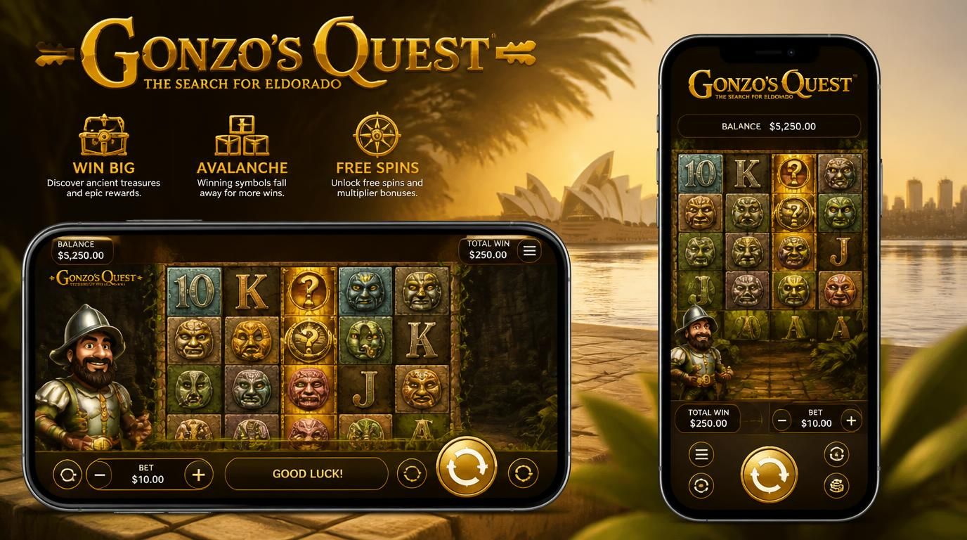 A smartphone with Gonzo’s Quest slot visible in both portrait and landscape orientations, set against an Australian backdrop