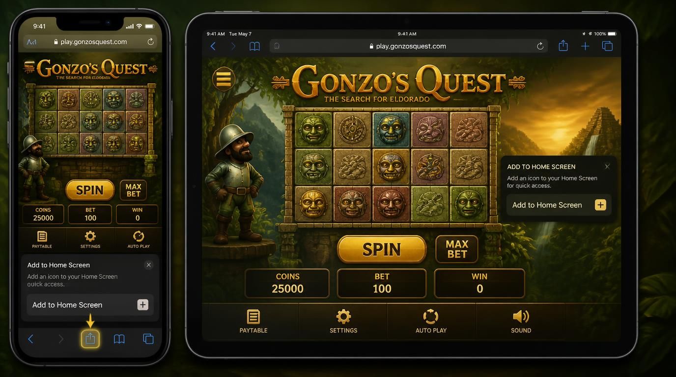 An iPhone and iPad displaying Gonzo’s Quest in Safari with the “Add to Home Screen” option
